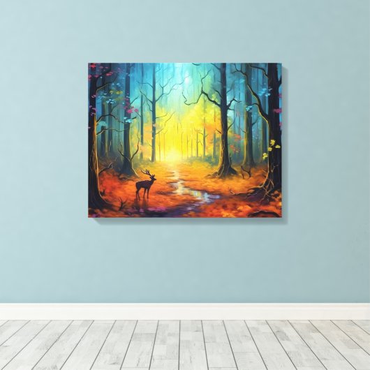 Herten in het regenboogherfstbos canvas afdruk (Insitu (Houten vloer))