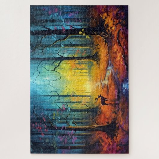 Herten in het regenboogherfstbos legpuzzel (Verticaal)