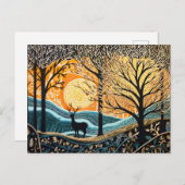 Herten in het winterlandschap. Abstract linoleumbo Feestdagenkaart (Voorkant / Achterkant)