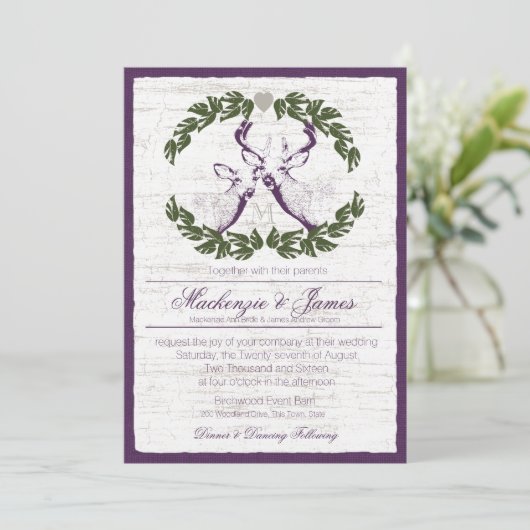 Herten in Krans met Monogram Plum Kaart (Staand voorkant)