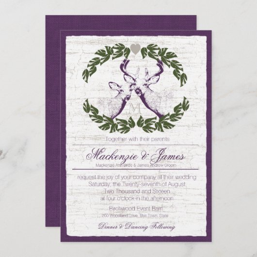 Herten in Krans met Monogram Plum Kaart (Voorkant / Achterkant)