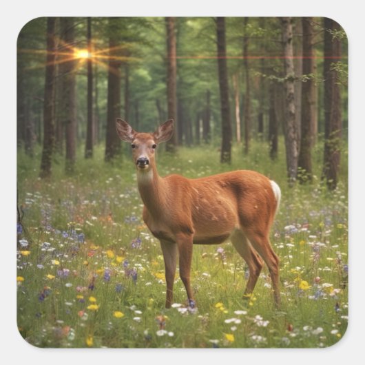 Herten in magisch bos vierkante sticker (Voorkant)