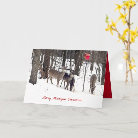 herten in sneeuw en rood vogelhuis met sneeuwvlokk kaart (Gele Bloem)