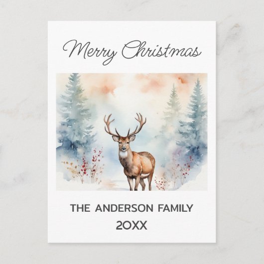 Herten in Snowy Forest Kerstbomen Waterverf Briefkaart (Voorkant)