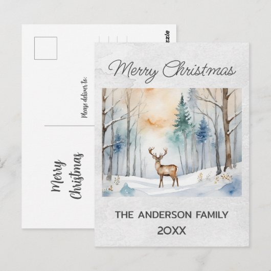 Herten in Snowy Forest Kerstbomen Waterverf Briefkaart (Voorkant / Achterkant)