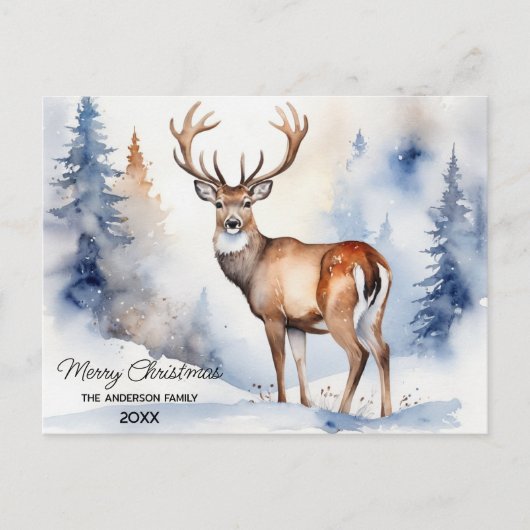 Herten in Snowy Forest Kerstbomen Waterverf Briefkaart (Voorkant)