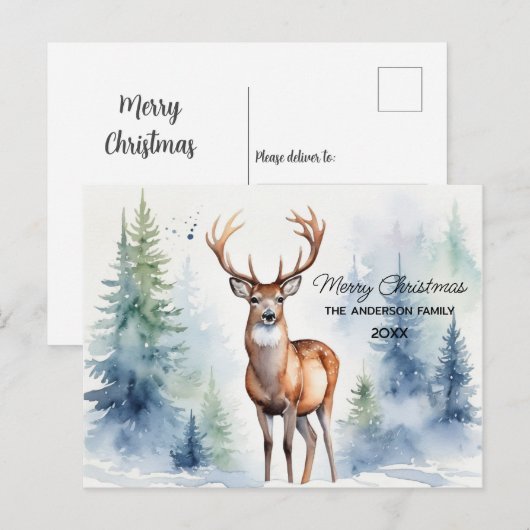 Herten in Snowy Forest Kerstbomen Waterverf Briefkaart (Voorkant / Achterkant)