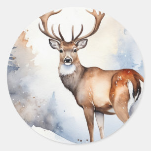 Herten in Snowy Forest Kerstbomen Waterverf Ronde Sticker
