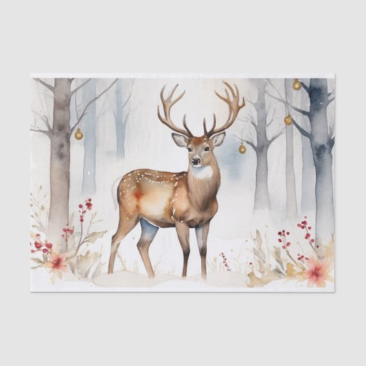 Herten in Snowy Forest Kerstbomen Waterverf Tissuepapier (Voorkant)