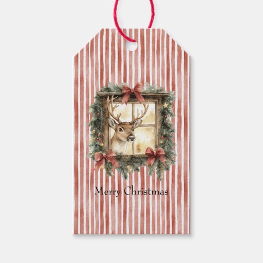 Herten in venster rode strepen bogen Kerstmis Cadeaulabel (Voorkant)