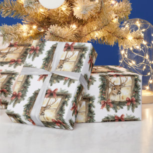 Herten in venster rode strikken Kerstmis Cadeaupapier