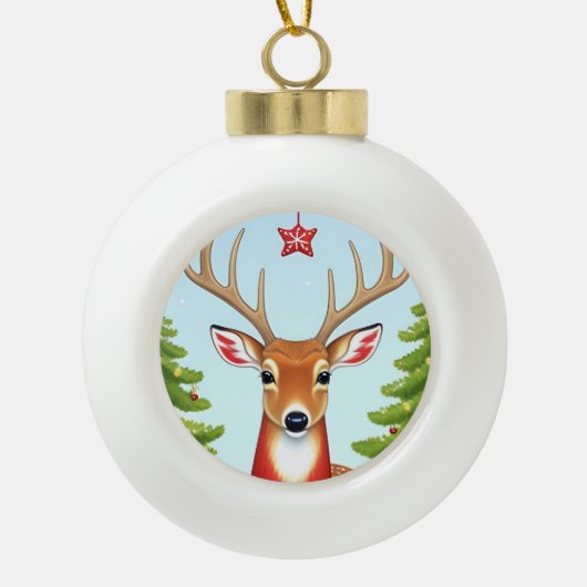 Herten in Winter Wonderland Scene Keramische Bal Ornament (Voorkant)