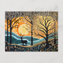 Herten in winterlandschap. Abstract linoleum bos