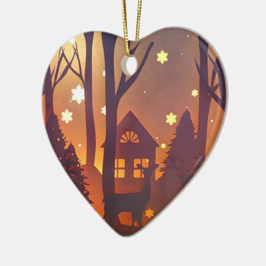 Herten in winterse boshoud bij nacht keramisch ornament (Links)