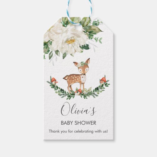 Herten Ivoor Wit Bloemen Baby shower Verjaardagsgu Cadeaulabel (Voorkant)