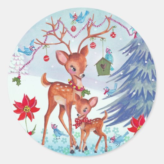 Herten Kerst Vogels | Kerstkaart Ronde Sticker (Voorkant)