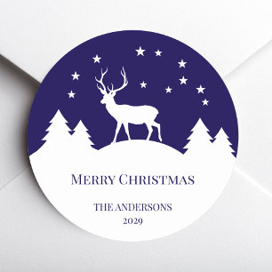 Herten Kerstmis Blauw Wit Hert in Winter Elegant  Ronde Sticker