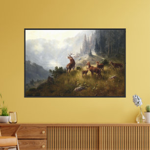 Herten kudde van bok en hinde in bos landschap kun canvas afdruk