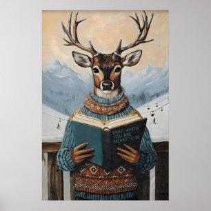 Herten lezen kunstprint ski lodge muur winter hut poster
