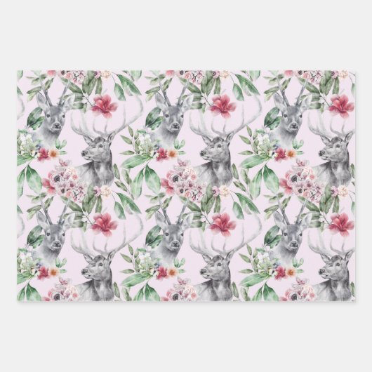 Herten luipaard grijs roze zwart pioenrozen bloemi inpakpapier vel (Voorkant 3)