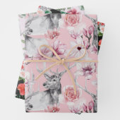 Herten luipaard grijs roze zwart pioenrozen bloemi inpakpapier vel (In situ)