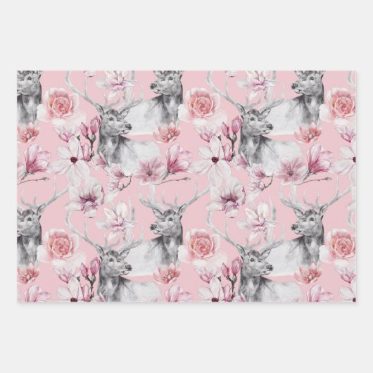 Herten luipaard grijs roze zwart pioenrozen bloemi inpakpapier vel (Voorkant)