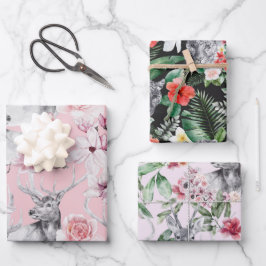 Herten luipaard grijs roze zwarte pioenrozen bloem inpakpapier vel