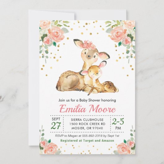 Herten Mama en Baby Forest Douche Bloemenperzik Kaart (Voorkant)