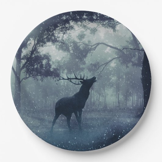 Herten met gewei in een schaduwrijk bos papieren bordje (Voorkant)