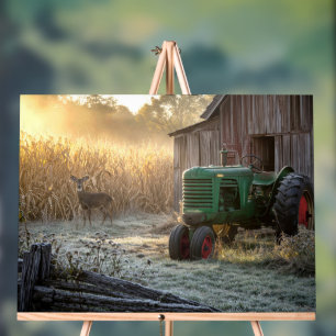 Herten met groene vintage tractor en oude schuur acryl bord