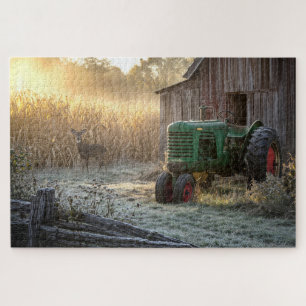 Herten met groene vintage tractor en schuur legpuzzel