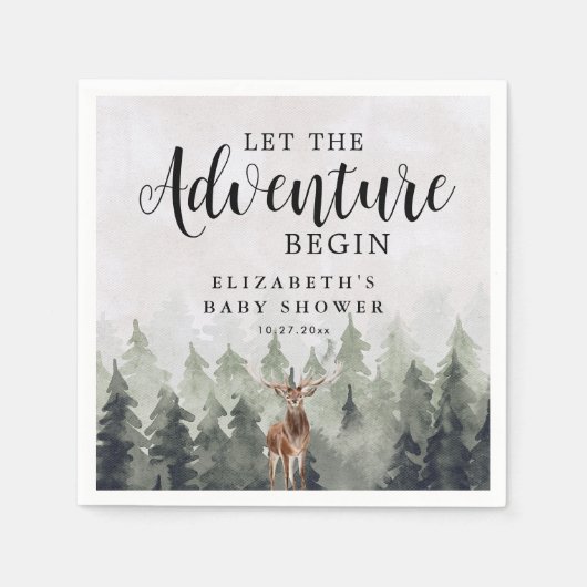 Herten Misty Pine Bos Avontuur Baby Shower Servet (Voorkant)