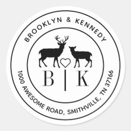 Herten Monogram Huwelijk Koppel Naam Retouradres Ronde Sticker