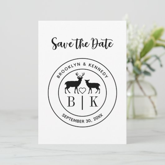 Herten Monogram Rustisch Landelijke Trouwdatum Ech Save The Date (Staand voorkant)