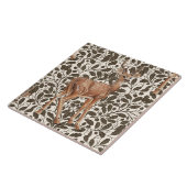 Herten op decoratief eiken damast patroon in bruin tegeltje (Zijkant)