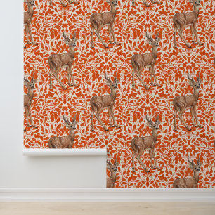 Herten op decoratief eiken damast patroon in donke behang
