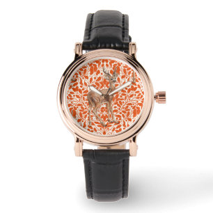 Herten op decoratief eiken damast patroon in donke horloge