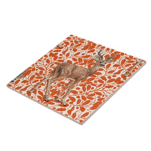 Herten op decoratief eiken damast patroon in donke tegeltje (Zijkant)