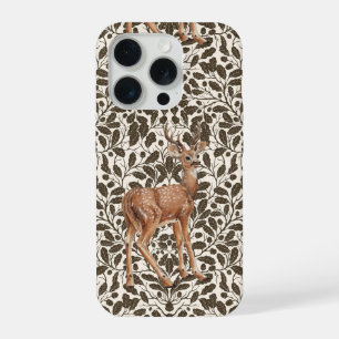 Herten op decoratief eiken damastpatroon in bruin iPhone 15 pro case