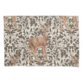 Herten op decoratieve eiken damast patroon in brui kussensloop (Voorkant-Links)