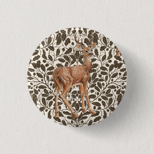Herten op decoratieve eiken damast patroon in brui ronde button 3,2 cm