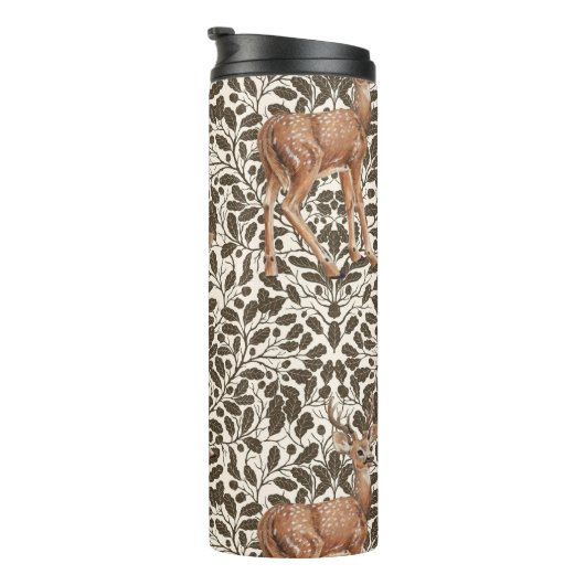 Herten op decoratieve eiken damast patroon in brui thermosbeker (Geroteerd rechts)