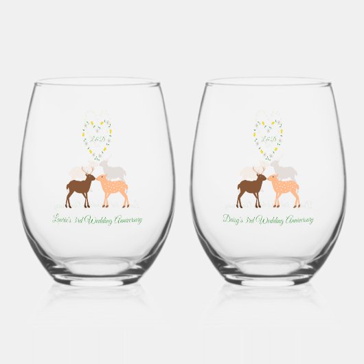 Herten Paar en Daisy Hart Custom 3e Jubileum Wijnglas Zonder Voet (Achterkant)