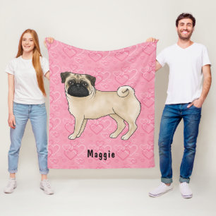 Herten Pug Hond Mopshond en Roze Harten Met Naam Fleece Deken