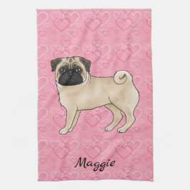 Herten Pug Hond Mopshond en Roze Harten Met Naam Theedoek