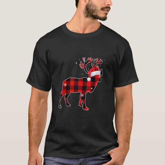 Herten rendieren buffel geruite Santa hoed Xmas he T-shirt (Voorkant)