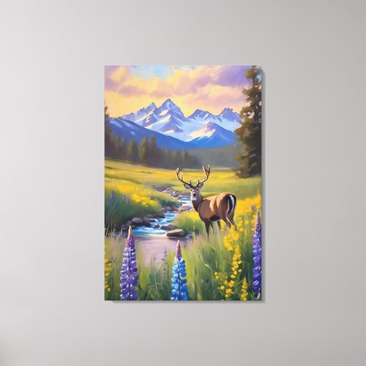 Herten Rocky Mountain Meadow Wildflower Schilderij Canvas Afdruk (Voorkant)