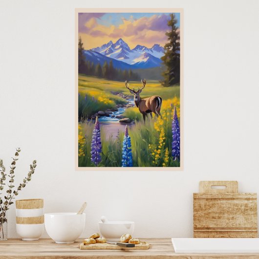 Herten Rocky Mountain Meadow Wildflower Schilderij Poster (Keuken)