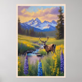 Herten Rocky Mountain Meadow Wildflower Schilderij Poster (Voorkant)