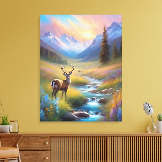Herten Rocky Mountain Spring Meadow Sunrise schild Canvas Afdruk (Insitu (Woonkamer))